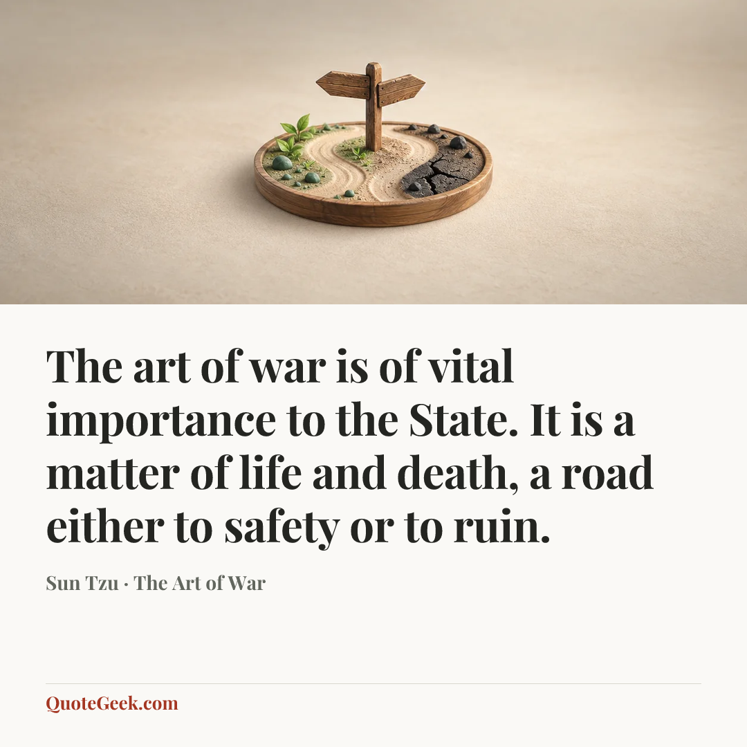 “The art of war is of vital importance to the State. It is a matter of life and death, a road either to safety or to ruin.” — Sun Tzu · The Art of War. Illustrated QuoteGeek card.