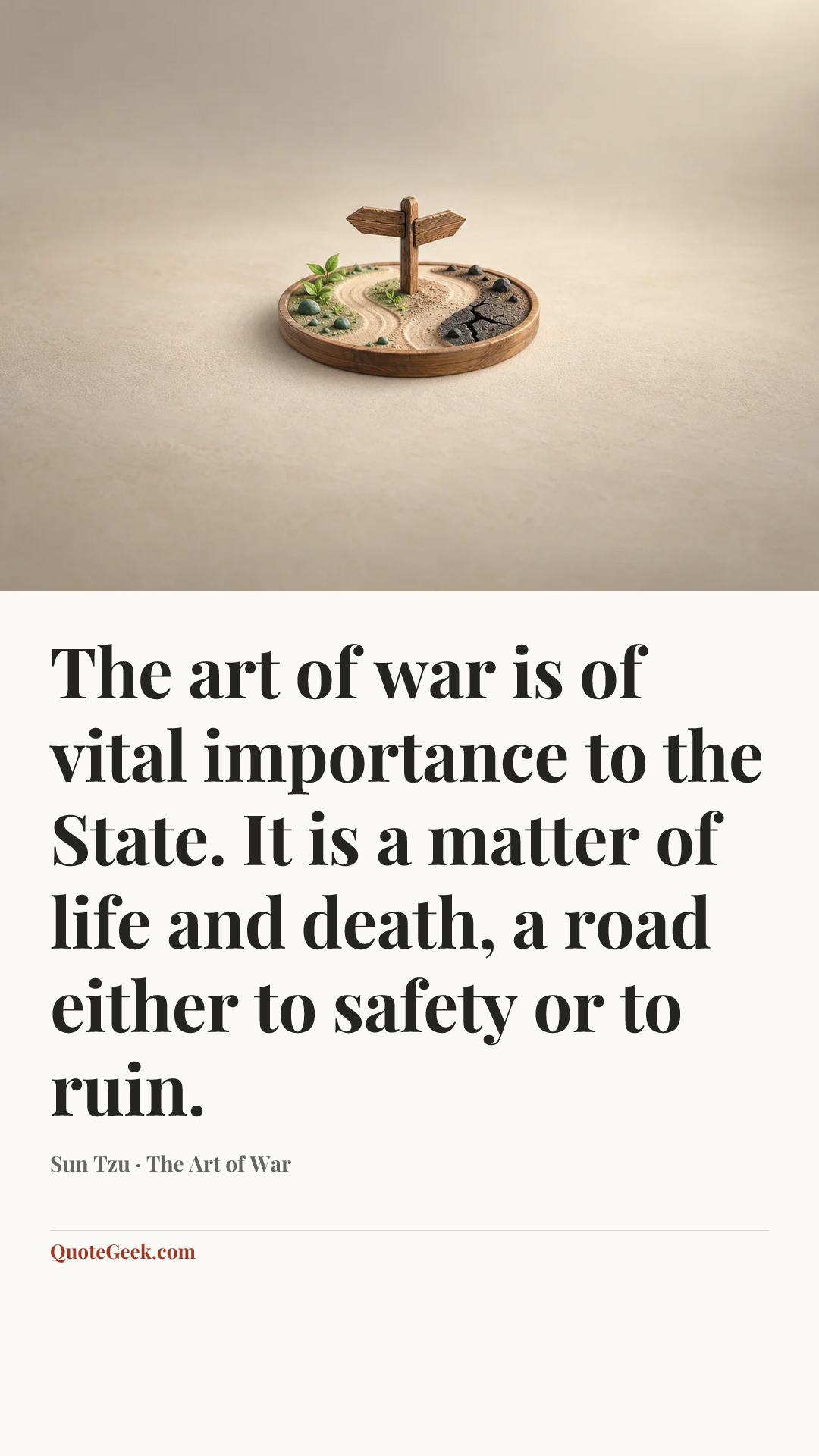 “The art of war is of vital importance to the State. It is a matter of life and death, a road either to safety or to ruin.” — Sun Tzu · The Art of War. Illustrated QuoteGeek card.