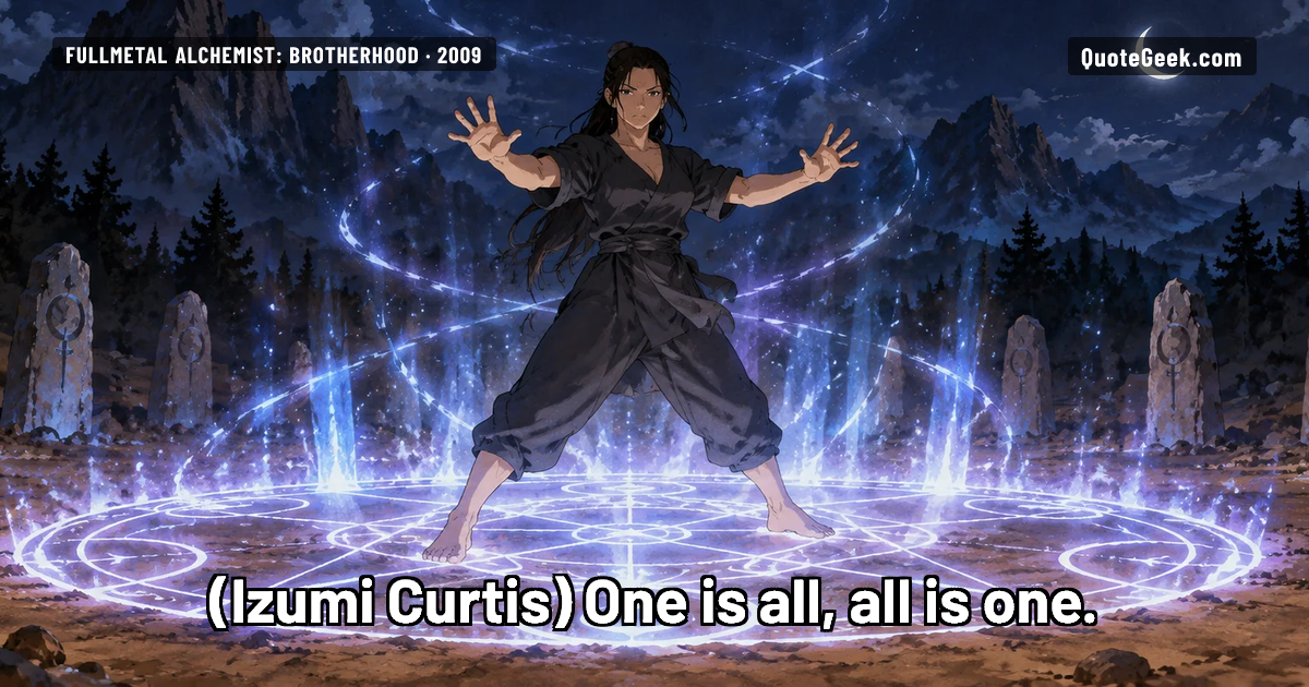 “One is all, all is one.” — Izumi Curtis · Fullmetal Alchemist: Brotherhood. Illustrated QuoteGeek card.