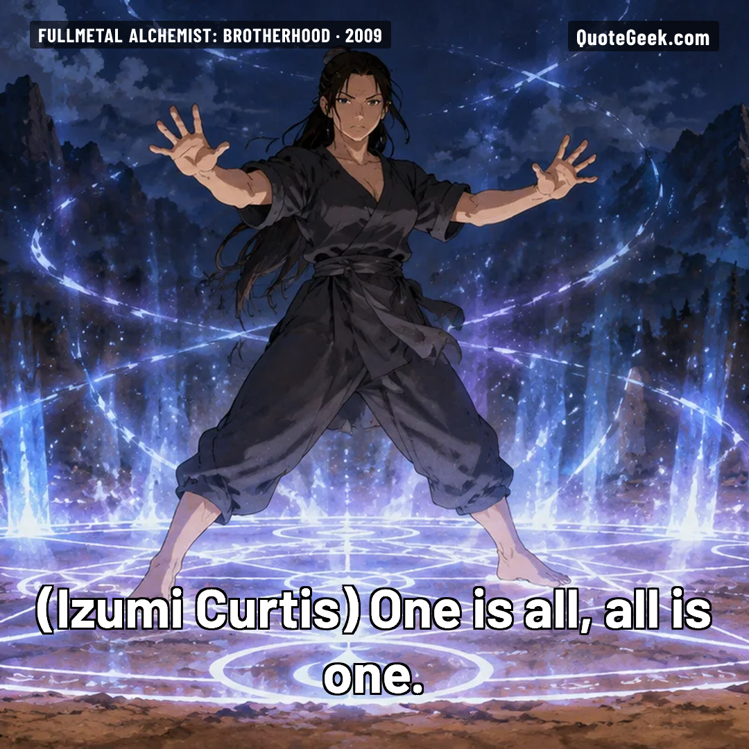 “One is all, all is one.” — Izumi Curtis · Fullmetal Alchemist: Brotherhood. Illustrated QuoteGeek card.