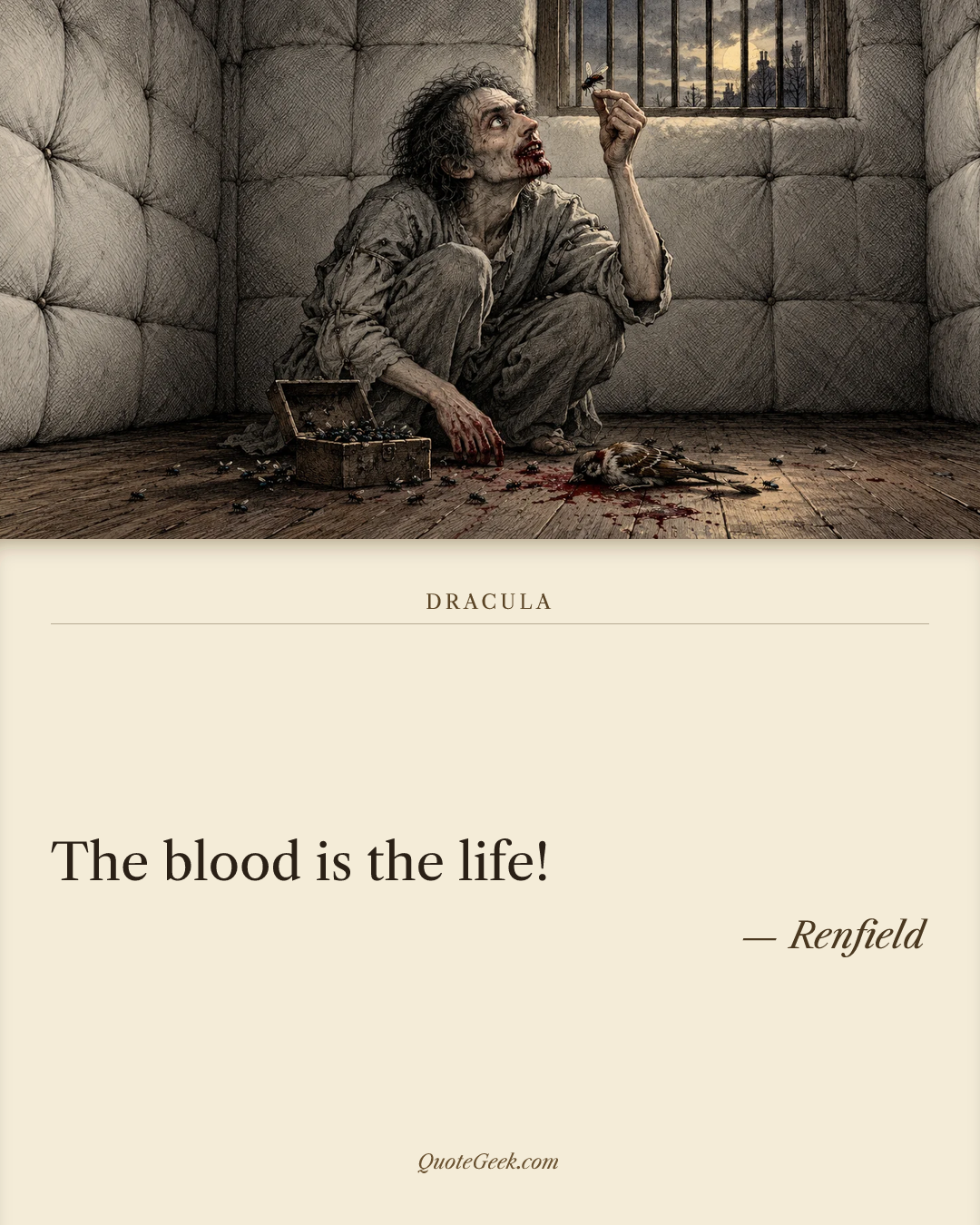 “The blood is the life!” — Renfield · Dracula. Illustrated QuoteGeek card.