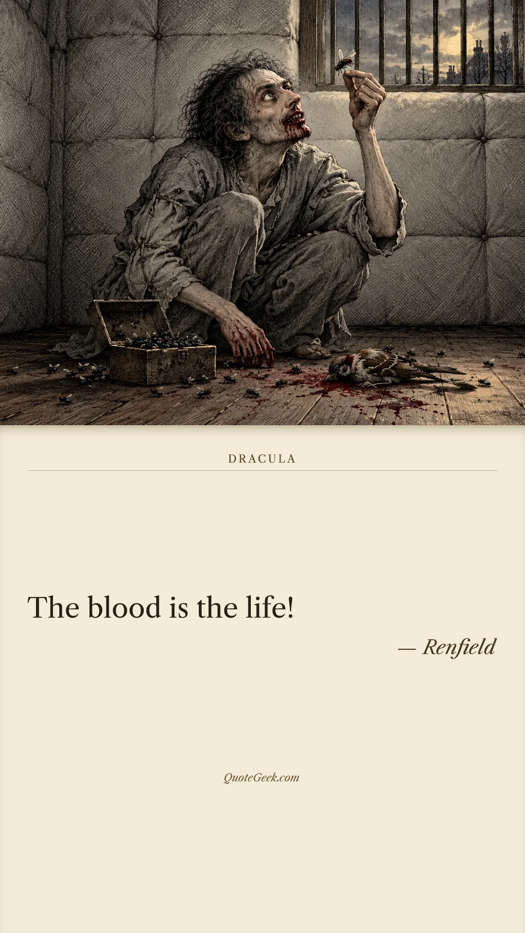 “The blood is the life!” — Renfield · Dracula. Illustrated QuoteGeek card.