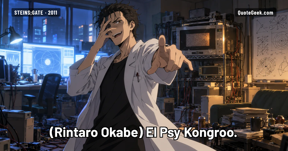 “El Psy Kongroo.” — Rintaro Okabe · Steins;Gate. Illustrated QuoteGeek card.