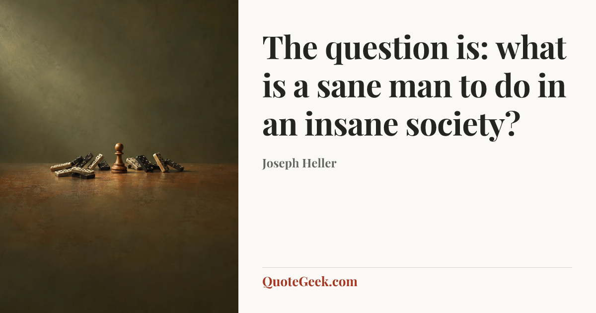 “The question is: what is a sane man to do in an insane society?” — Joseph Heller. Illustrated QuoteGeek card.