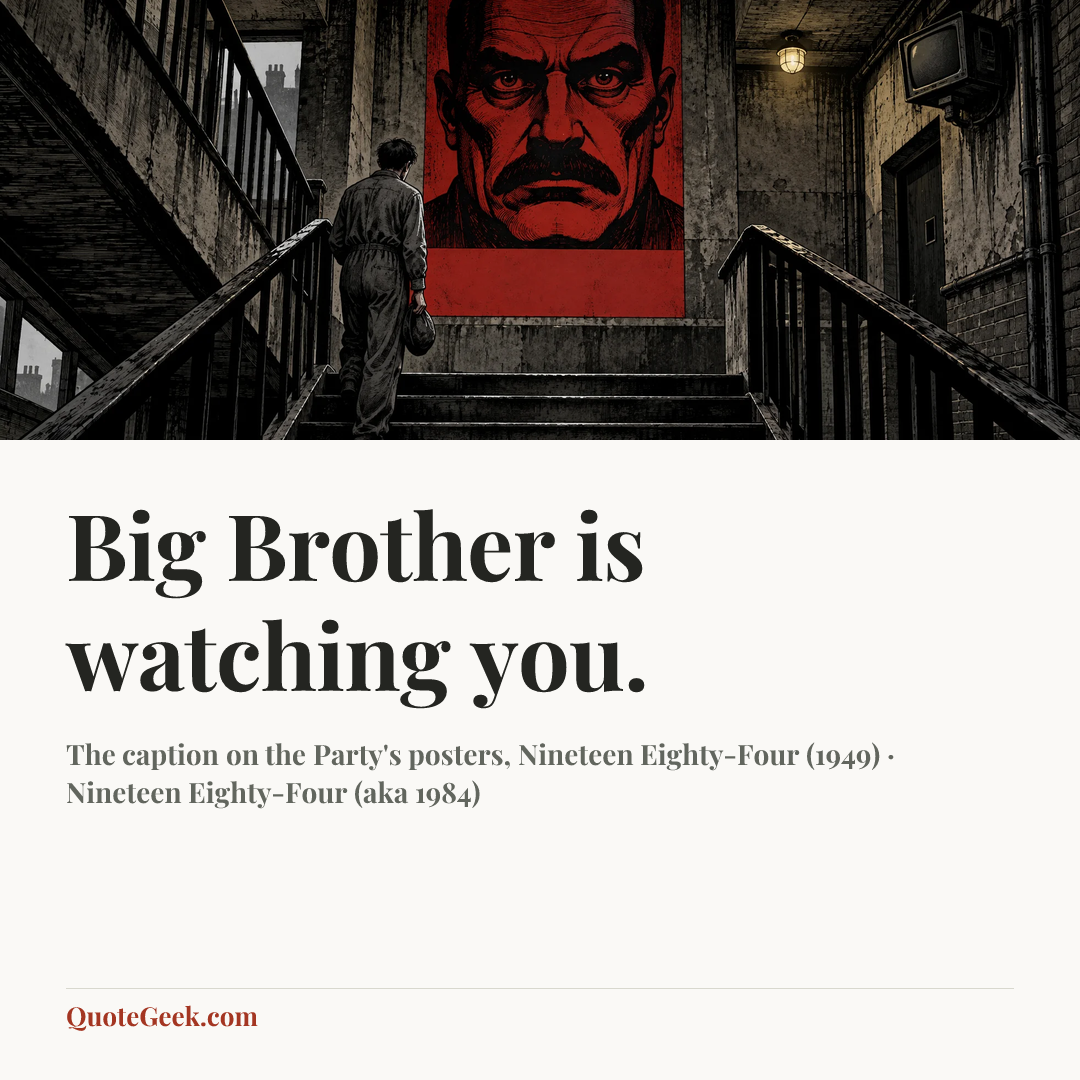 “Big Brother is watching you.” — The caption on the Party's posters, Nineteen Eighty-Four (1949) · Nineteen Eighty-Four (aka 1984). Illustrated QuoteGeek card.