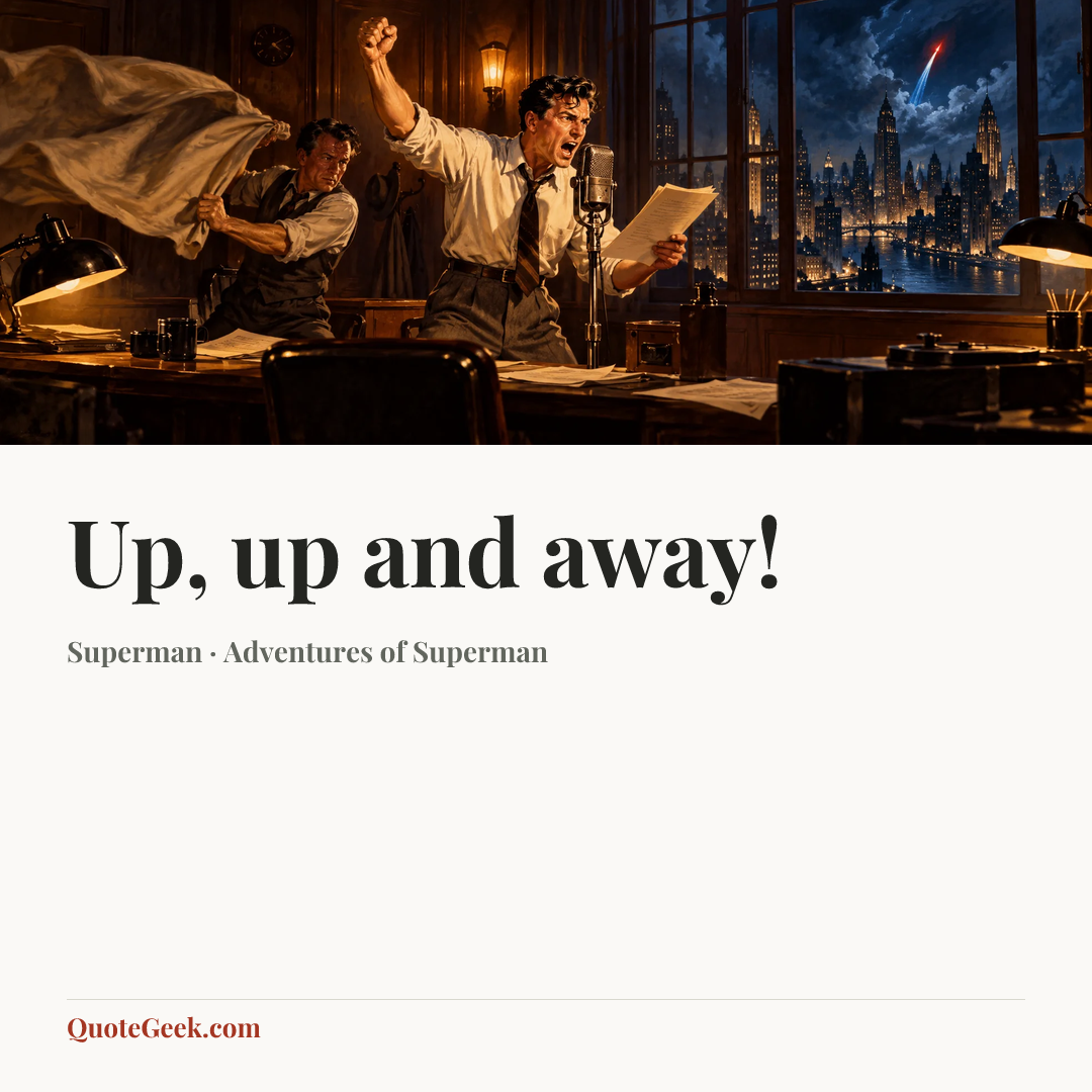 “Up, up and away!” — Superman · Adventures of Superman. Illustrated QuoteGeek card.