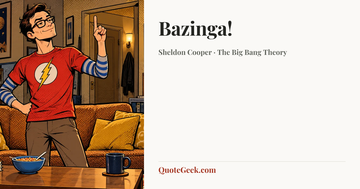 “Bazinga!” — Sheldon Cooper · The Big Bang Theory. Illustrated QuoteGeek card.