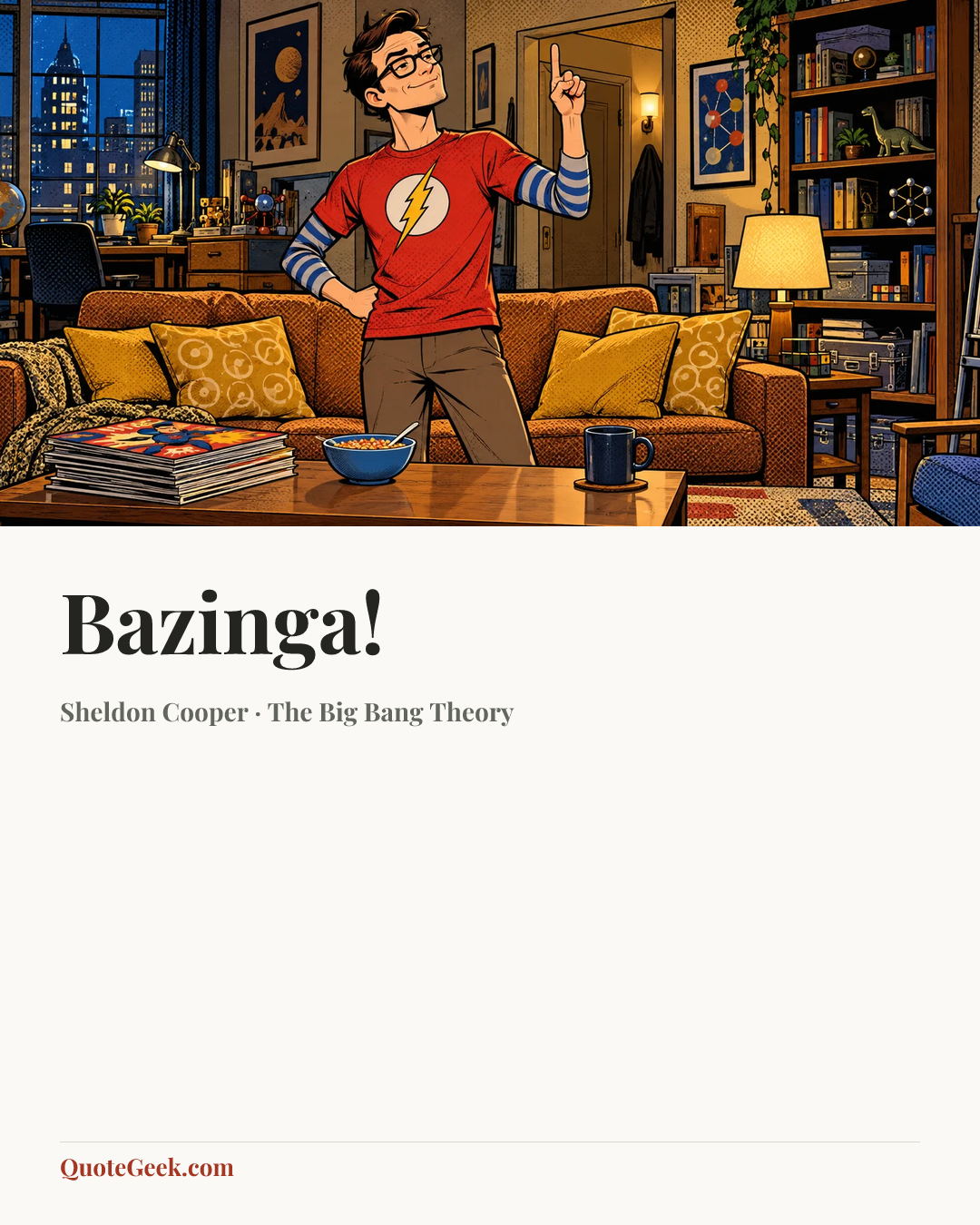 “Bazinga!” — Sheldon Cooper · The Big Bang Theory. Illustrated QuoteGeek card.