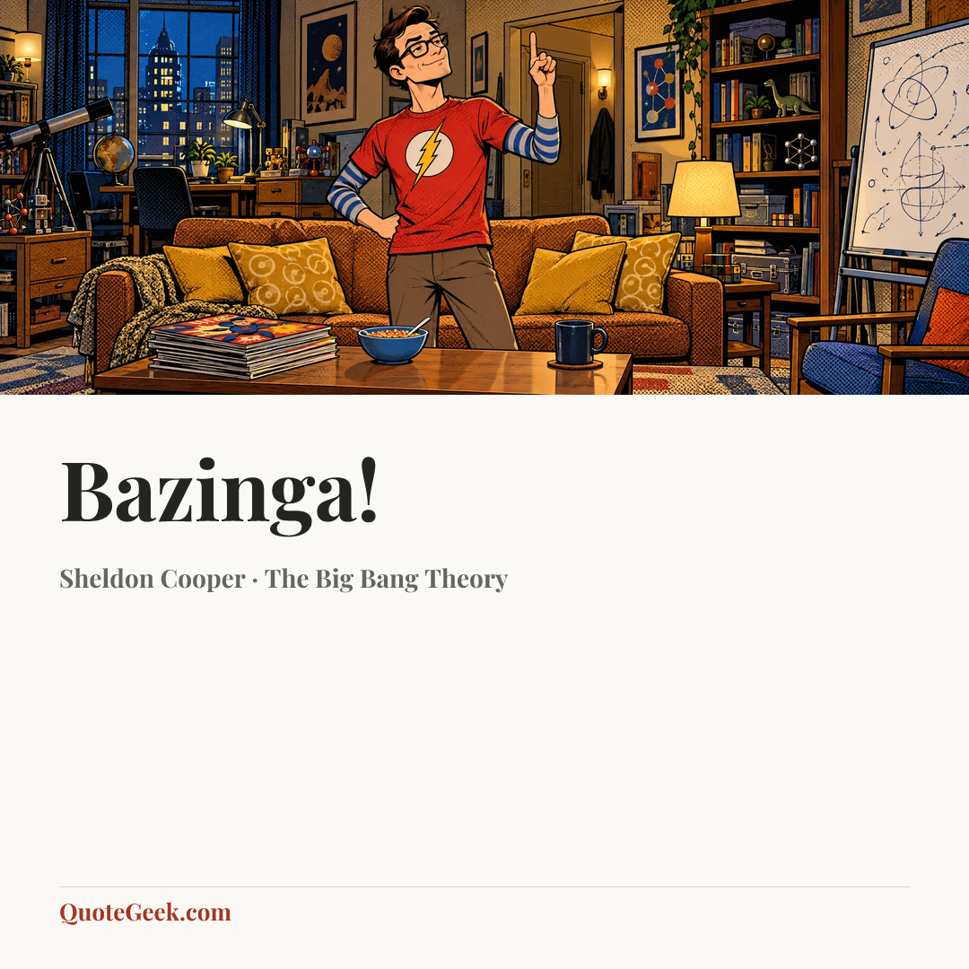 “Bazinga!” — Sheldon Cooper · The Big Bang Theory. Illustrated QuoteGeek card.