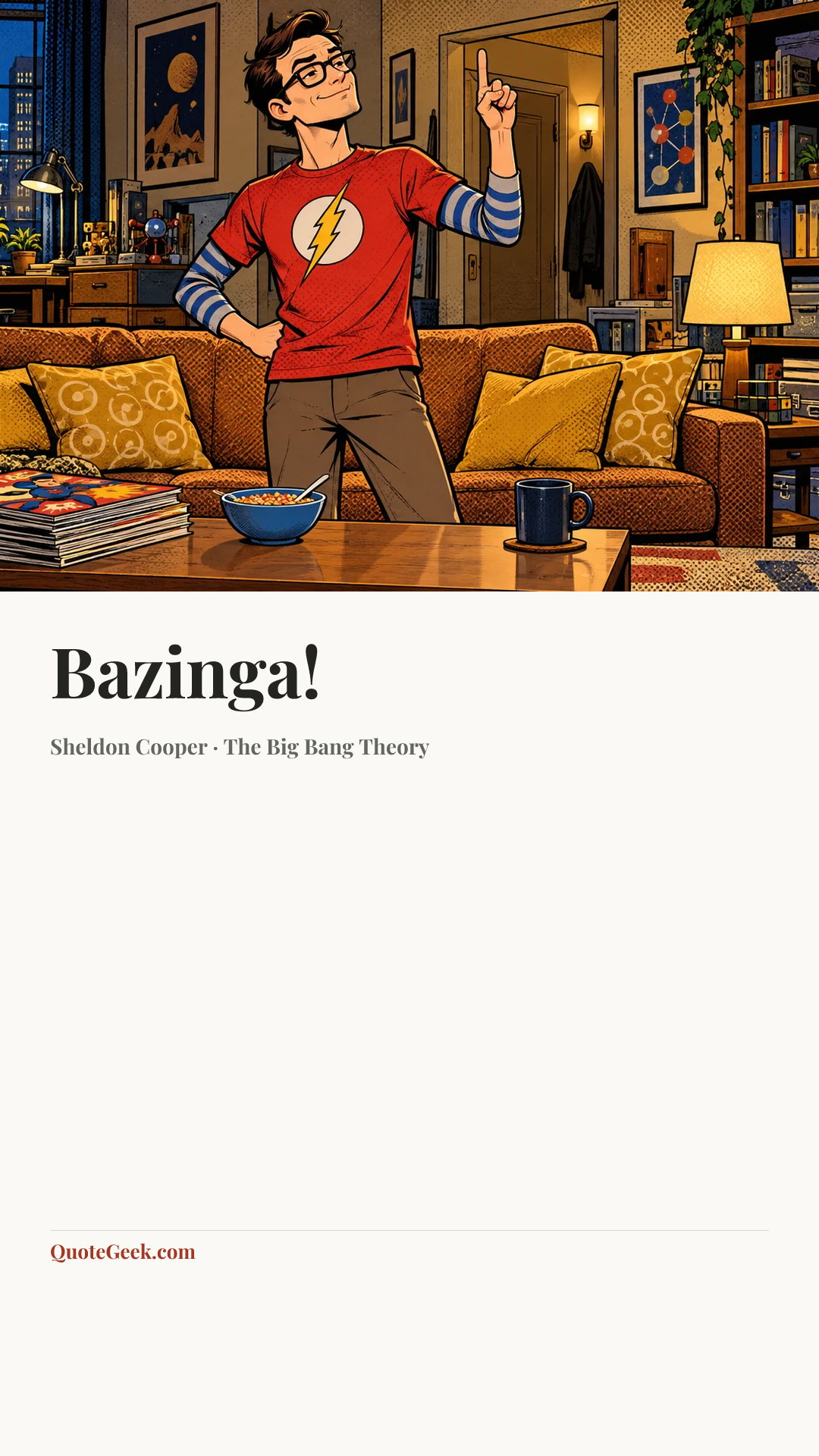 “Bazinga!” — Sheldon Cooper · The Big Bang Theory. Illustrated QuoteGeek card.