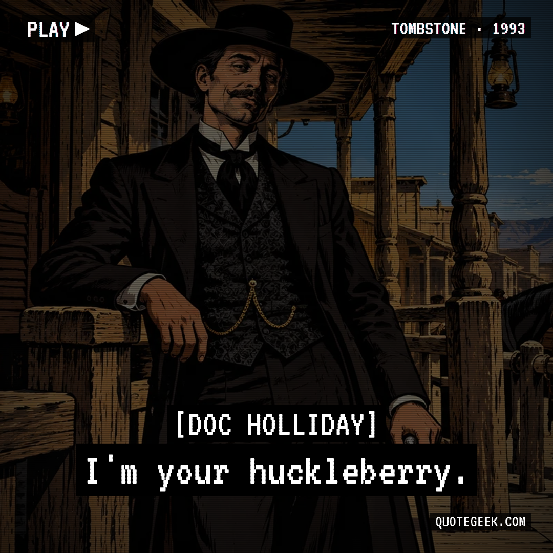 “I'm your huckleberry.” — Doc Holliday · Tombstone. Illustrated QuoteGeek card.