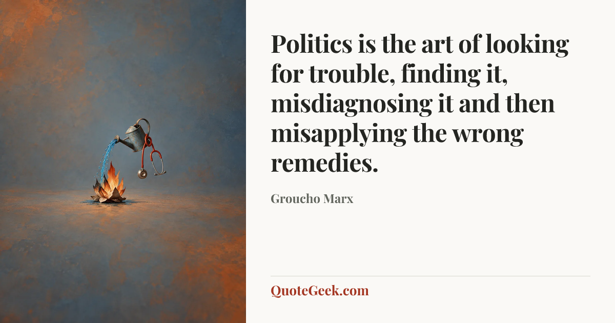“Politics is the art of looking for trouble, finding it, misdiagnosing it and then misapplying the wrong remedies.” — Groucho Marx. Illustrated QuoteGeek card.