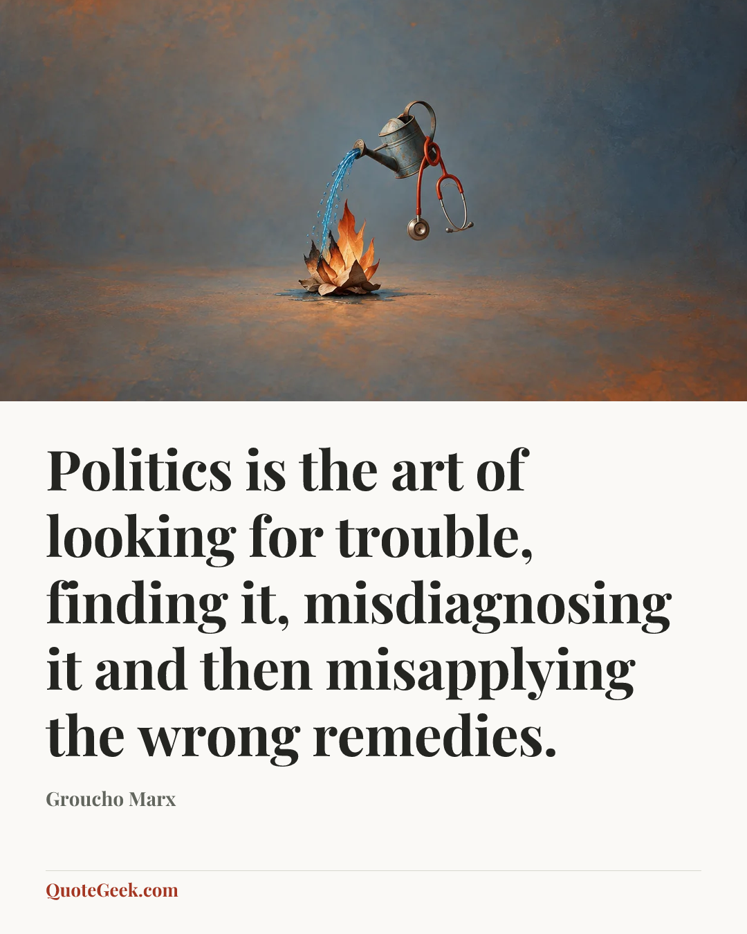 “Politics is the art of looking for trouble, finding it, misdiagnosing it and then misapplying the wrong remedies.” — Groucho Marx. Illustrated QuoteGeek card.