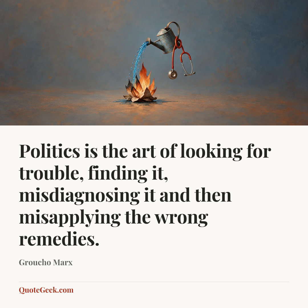“Politics is the art of looking for trouble, finding it, misdiagnosing it and then misapplying the wrong remedies.” — Groucho Marx. Illustrated QuoteGeek card.