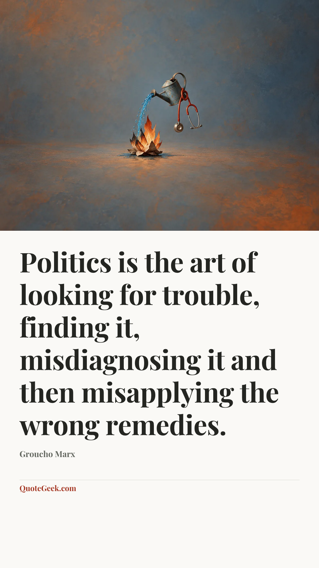“Politics is the art of looking for trouble, finding it, misdiagnosing it and then misapplying the wrong remedies.” — Groucho Marx. Illustrated QuoteGeek card.
