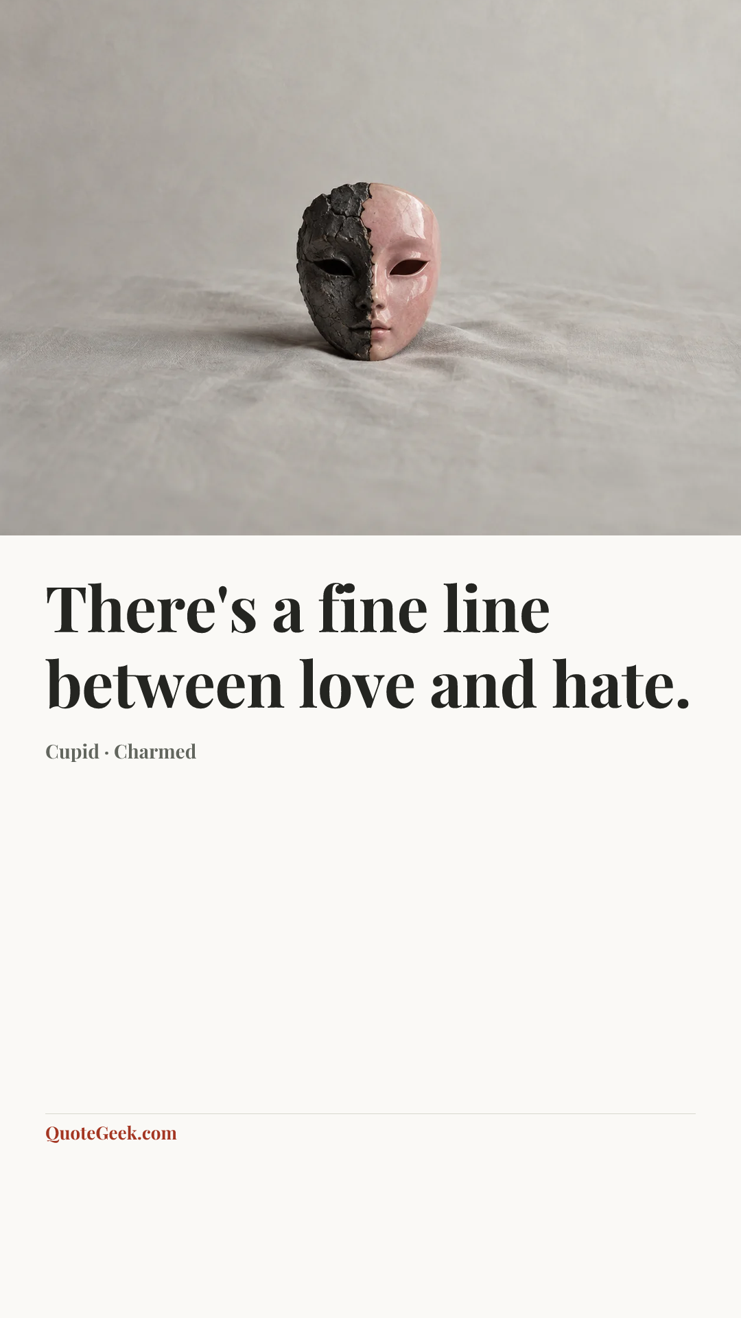 “There's a fine line between love and hate.” — Cupid · Charmed. Illustrated QuoteGeek card.