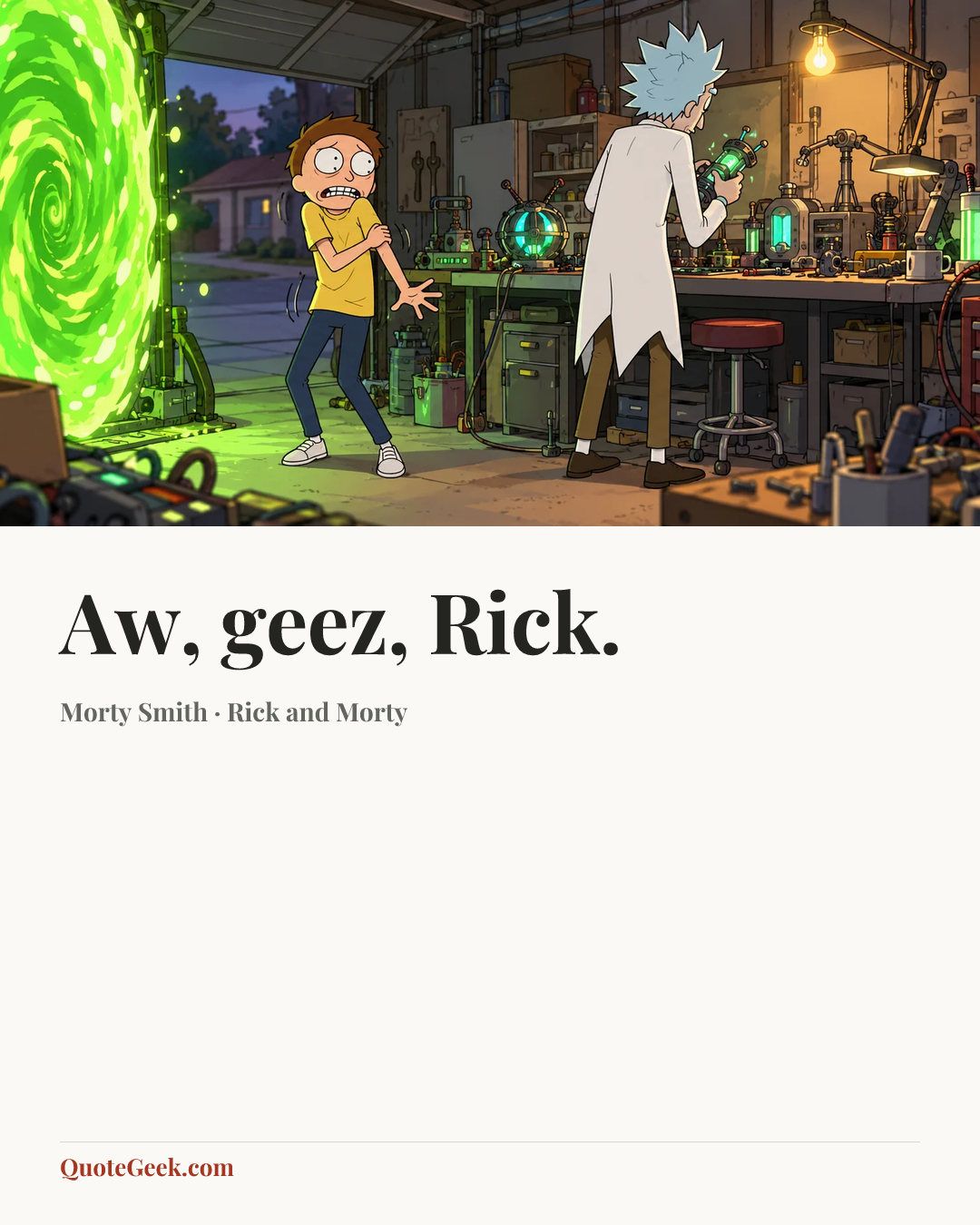 “Aw, geez, Rick.” — Morty Smith · Rick and Morty. Illustrated QuoteGeek card.