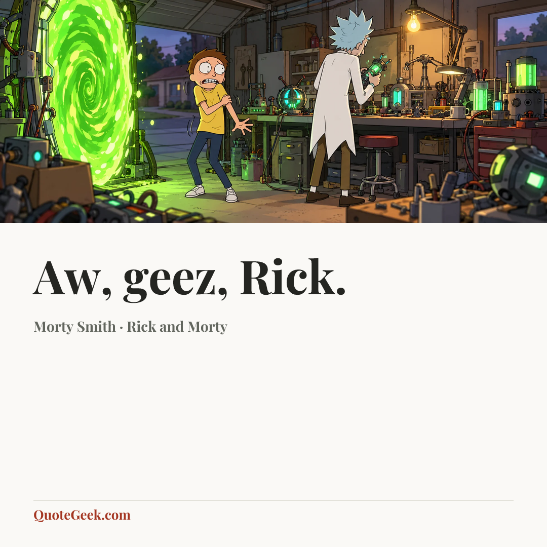 “Aw, geez, Rick.” — Morty Smith · Rick and Morty. Illustrated QuoteGeek card.