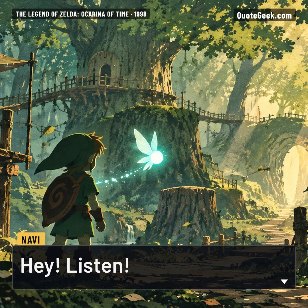 “Hey! Listen!” — Navi · The Legend of Zelda: Ocarina of Time. Illustrated QuoteGeek card.