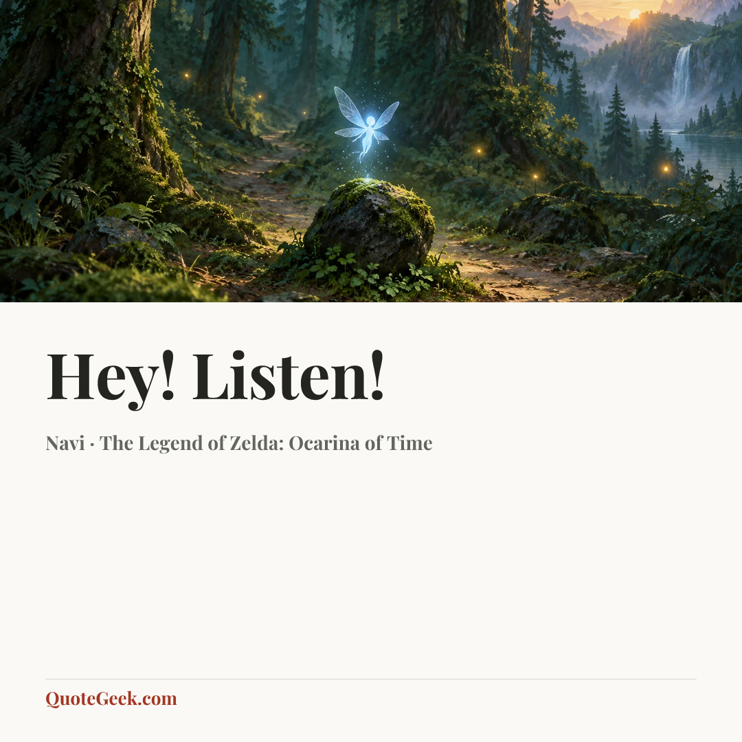 “Hey! Listen!” — Navi · The Legend of Zelda: Ocarina of Time. Illustrated QuoteGeek card.