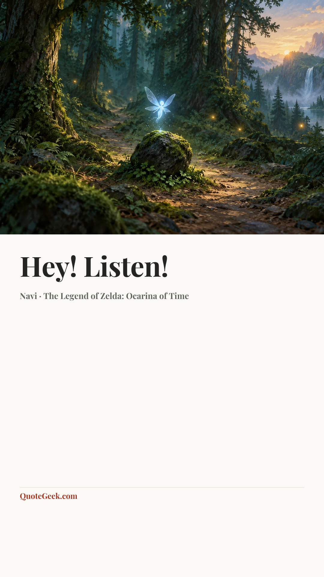 “Hey! Listen!” — Navi · The Legend of Zelda: Ocarina of Time. Illustrated QuoteGeek card.