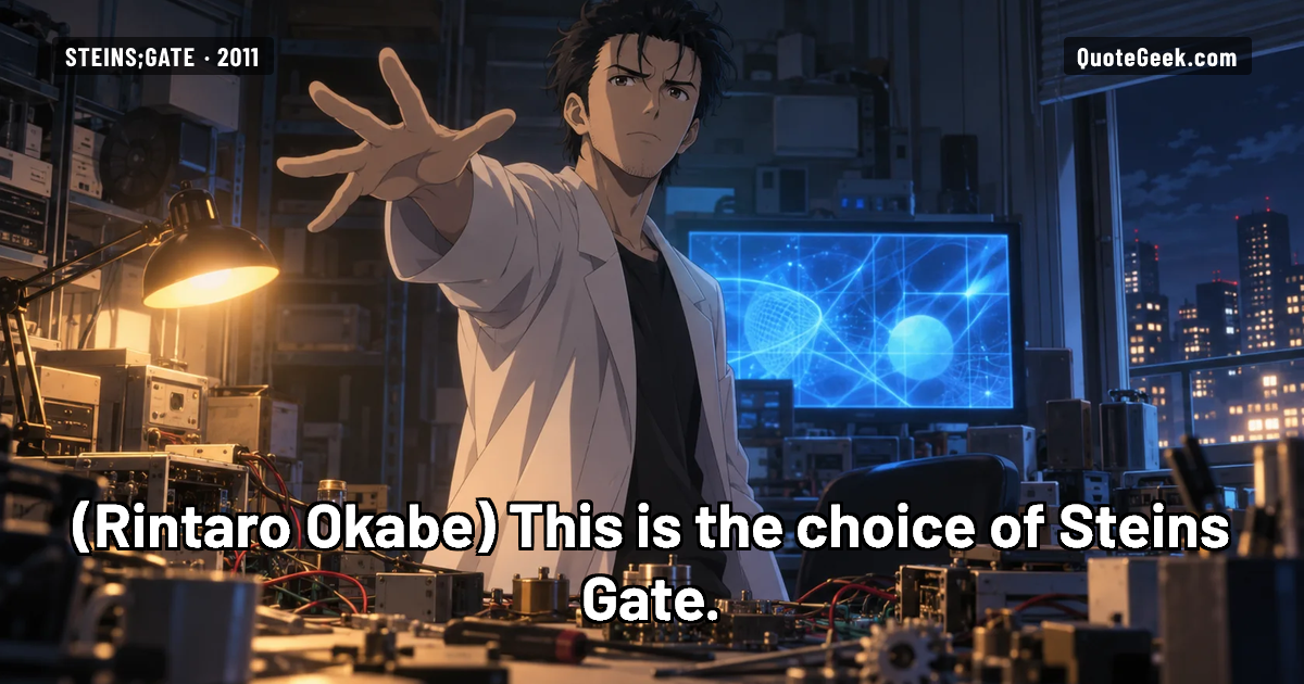 “This is the choice of Steins Gate.” — Rintaro Okabe · Steins;Gate. Illustrated QuoteGeek card.