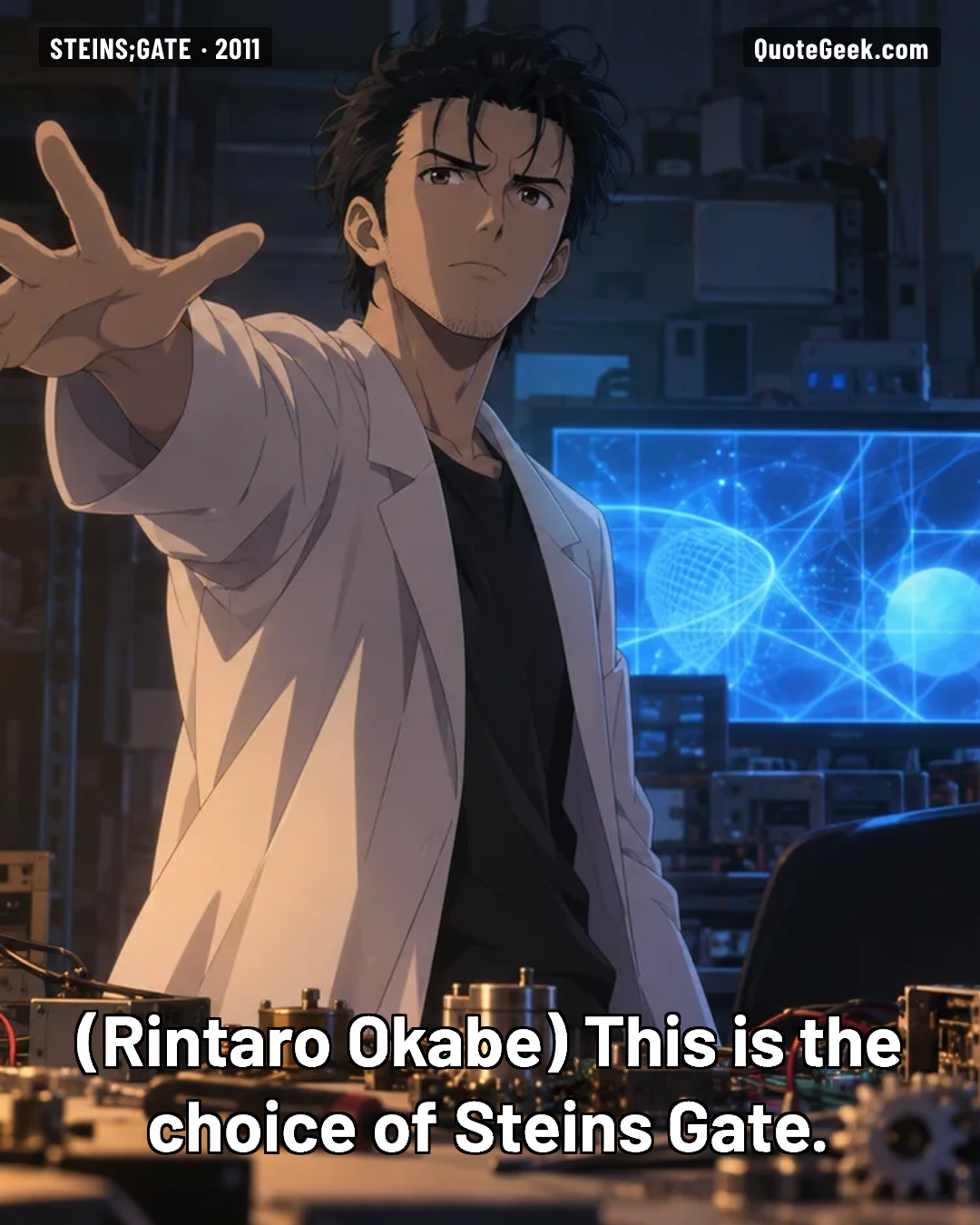 “This is the choice of Steins Gate.” — Rintaro Okabe · Steins;Gate. Illustrated QuoteGeek card.