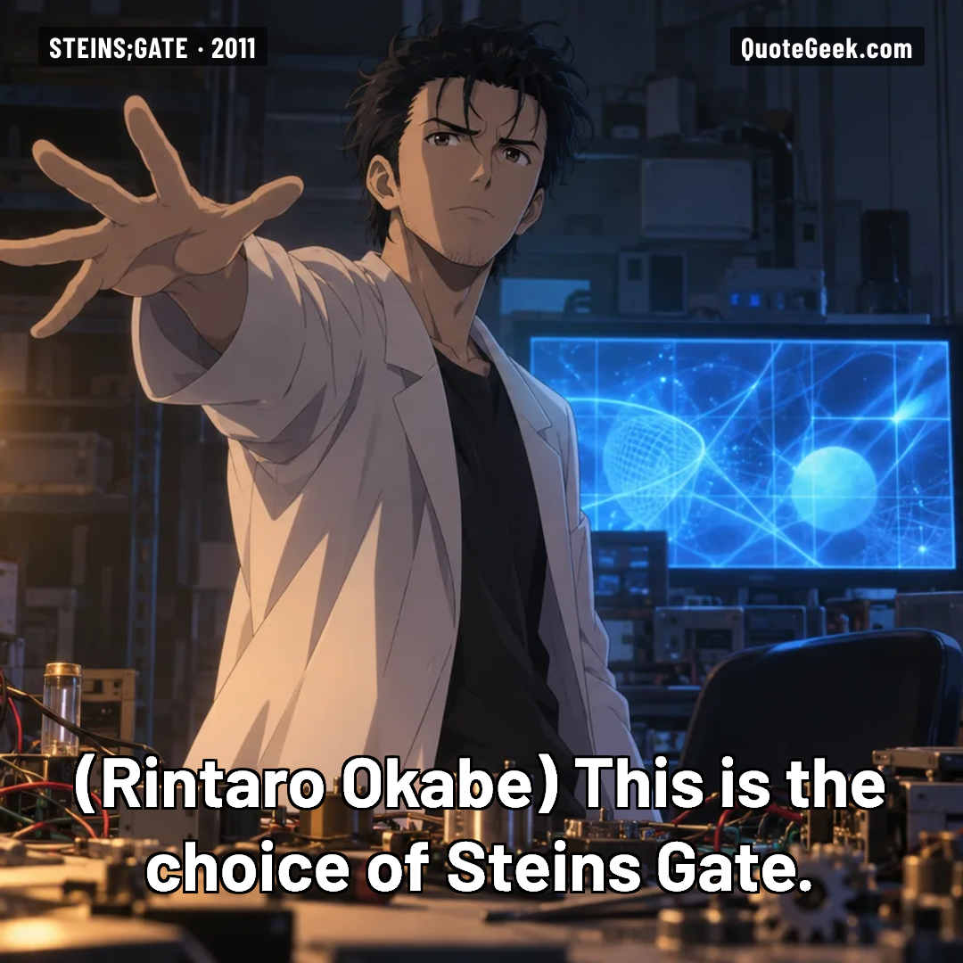 “This is the choice of Steins Gate.” — Rintaro Okabe · Steins;Gate. Illustrated QuoteGeek card.