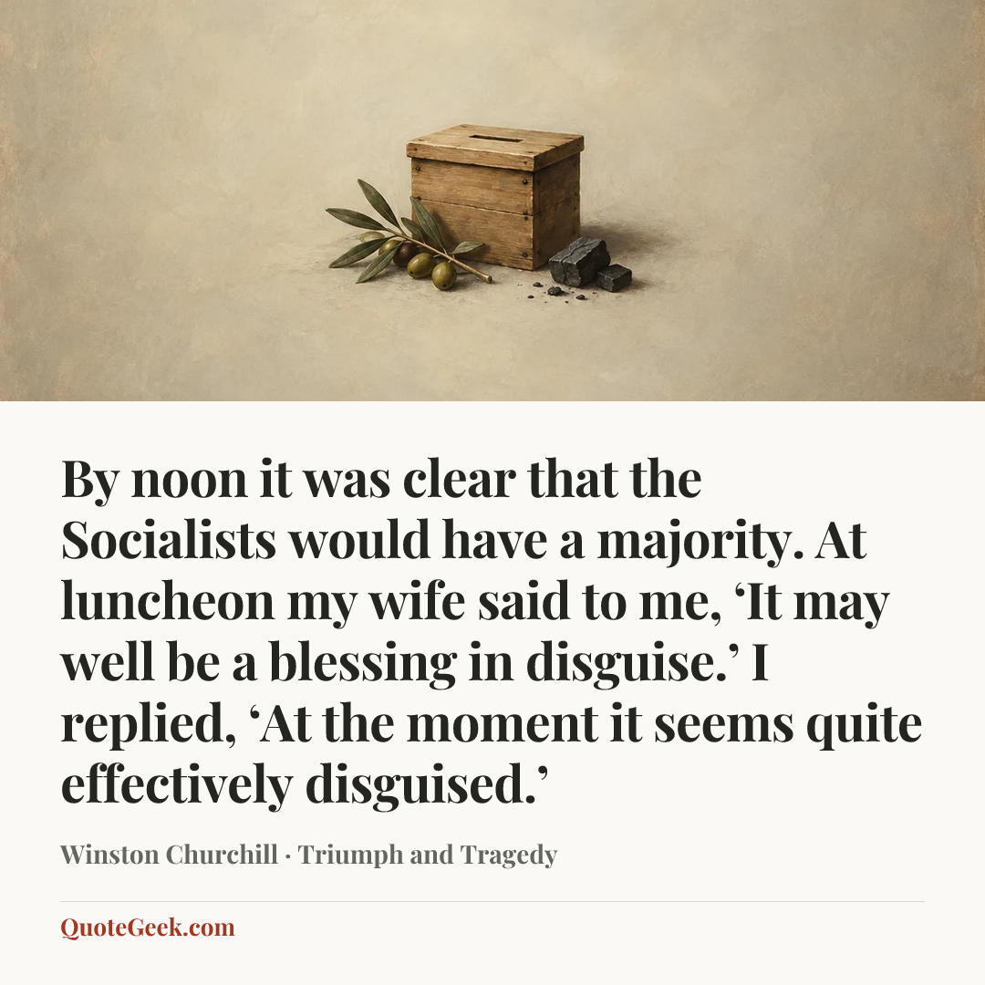 “By noon it was clear that the Socialists would have a majority. At luncheon my wife said to me, ‘It may well be a blessing in disguise.’ I replied, ‘At the moment it seems quite effectively disguised.’” — Winston Churchill · Triumph and Tragedy. Illustrated QuoteGeek card.