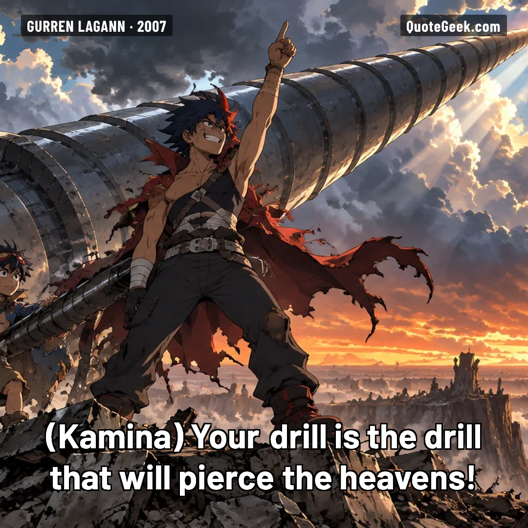 “Your drill is the drill that will pierce the heavens!” — Kamina · Gurren Lagann. Illustrated QuoteGeek card.