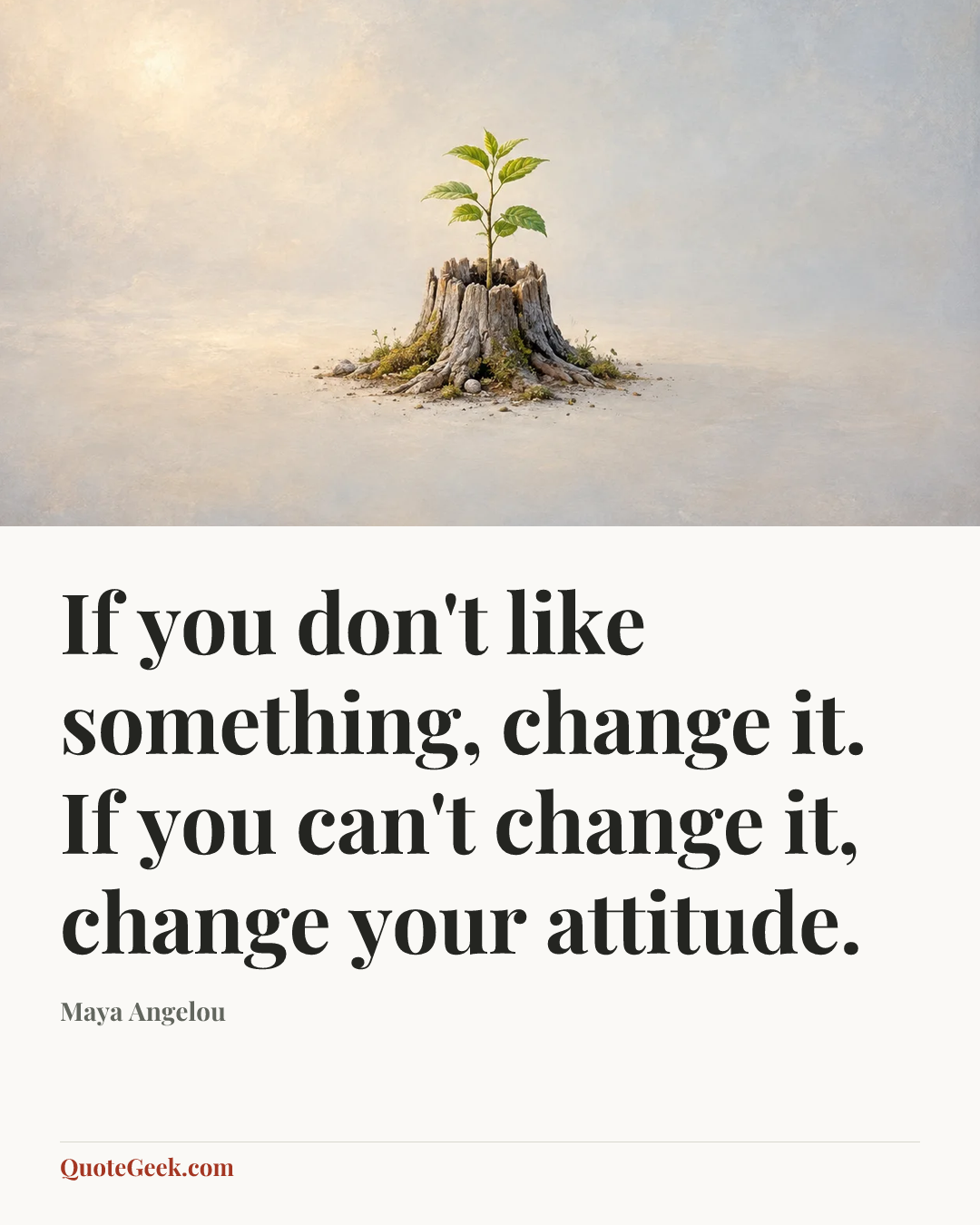 “If you don't like something, change it. If you can't change it, change your attitude.” — Maya Angelou. Illustrated QuoteGeek card.