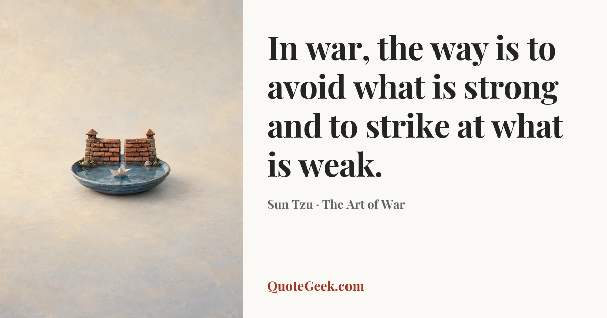 “In war, the way is to avoid what is strong and to strike at what is weak.” — Sun Tzu · The Art of War. Illustrated QuoteGeek card.
