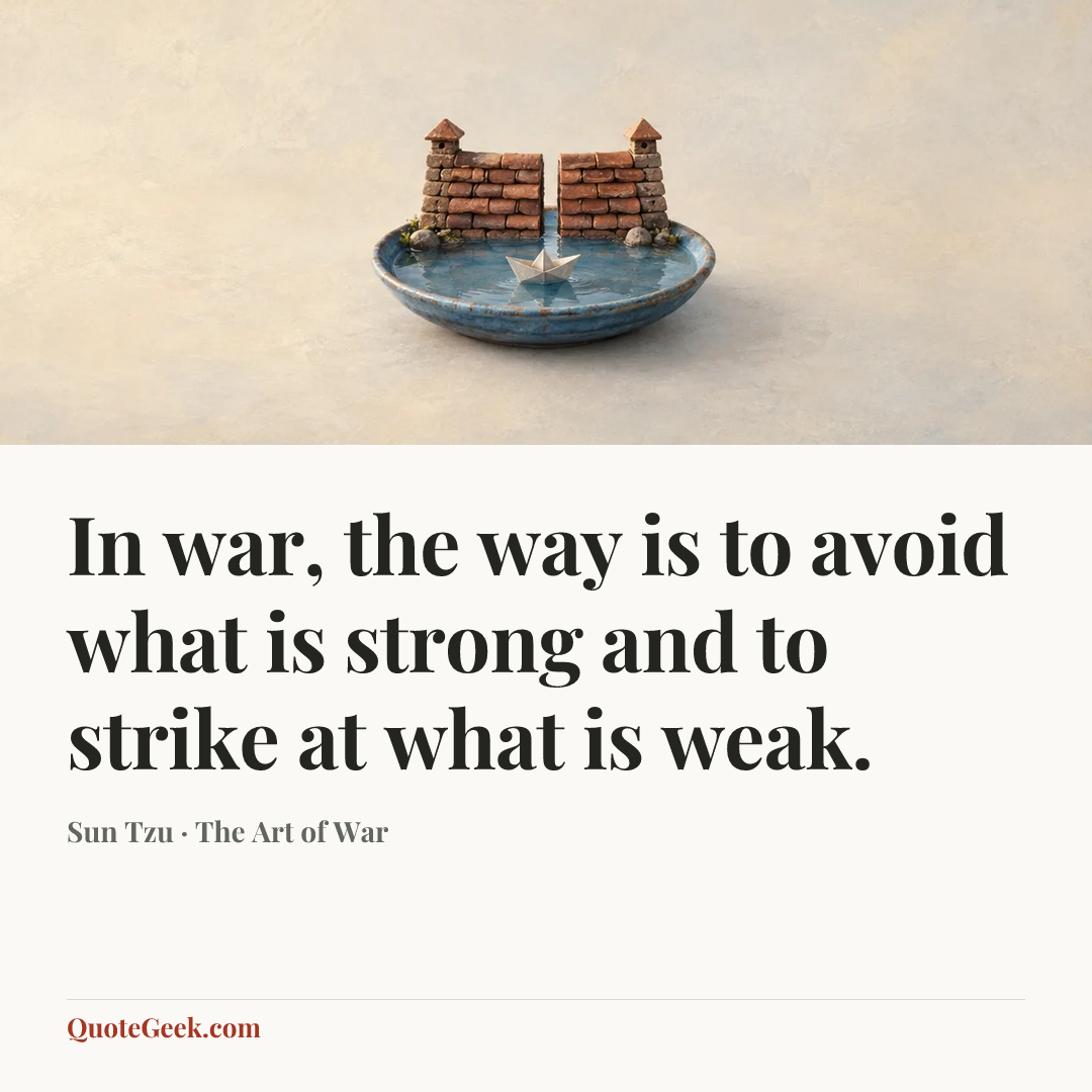“In war, the way is to avoid what is strong and to strike at what is weak.” — Sun Tzu · The Art of War. Illustrated QuoteGeek card.