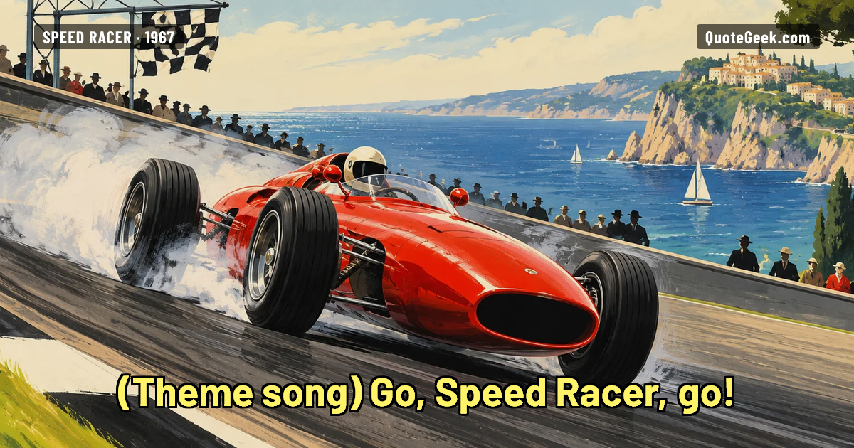 “Go, Speed Racer, go!” — Theme song · Speed Racer. Illustrated QuoteGeek card.