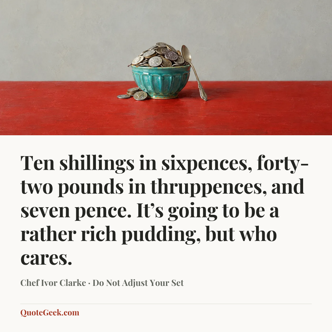 “Ten shillings in sixpences, forty-two pounds in thruppences, and seven pence. It’s going to be a rather rich pudding, but who cares.” — Chef Ivor Clarke · Do Not Adjust Your Set. Illustrated QuoteGeek card.