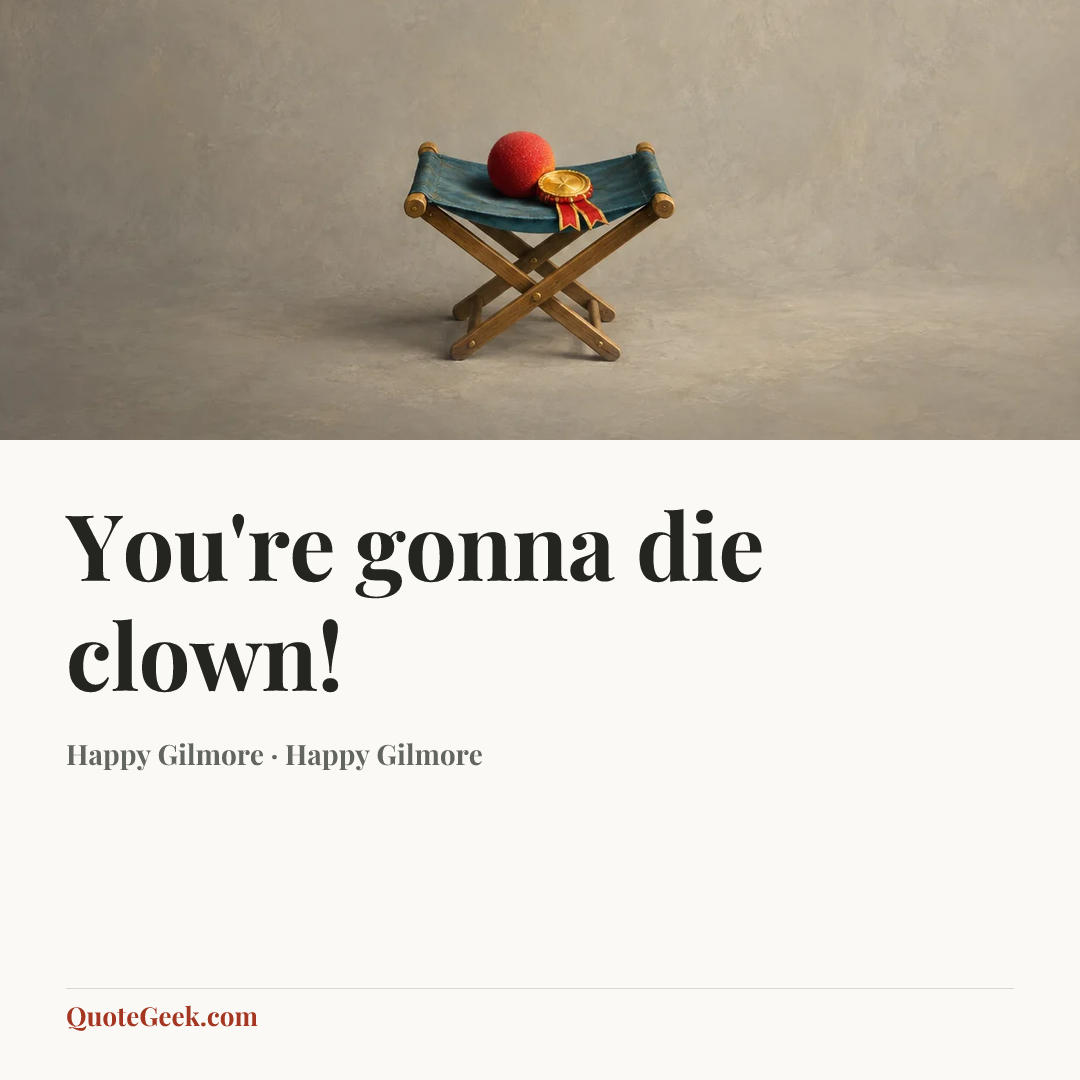 “You're gonna die clown!” — Happy Gilmore · Happy Gilmore. Illustrated QuoteGeek card.