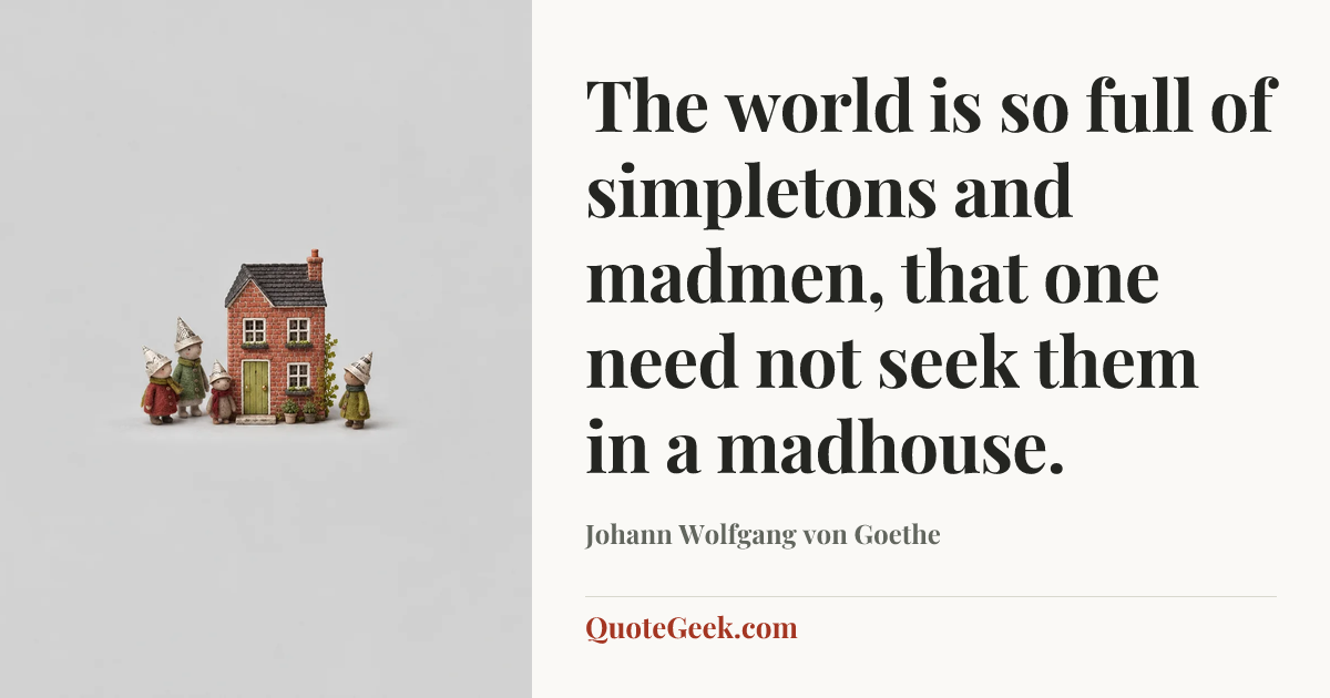 “The world is so full of simpletons and madmen, that one need not seek them in a madhouse.” — Johann Wolfgang von Goethe. Illustrated QuoteGeek card.