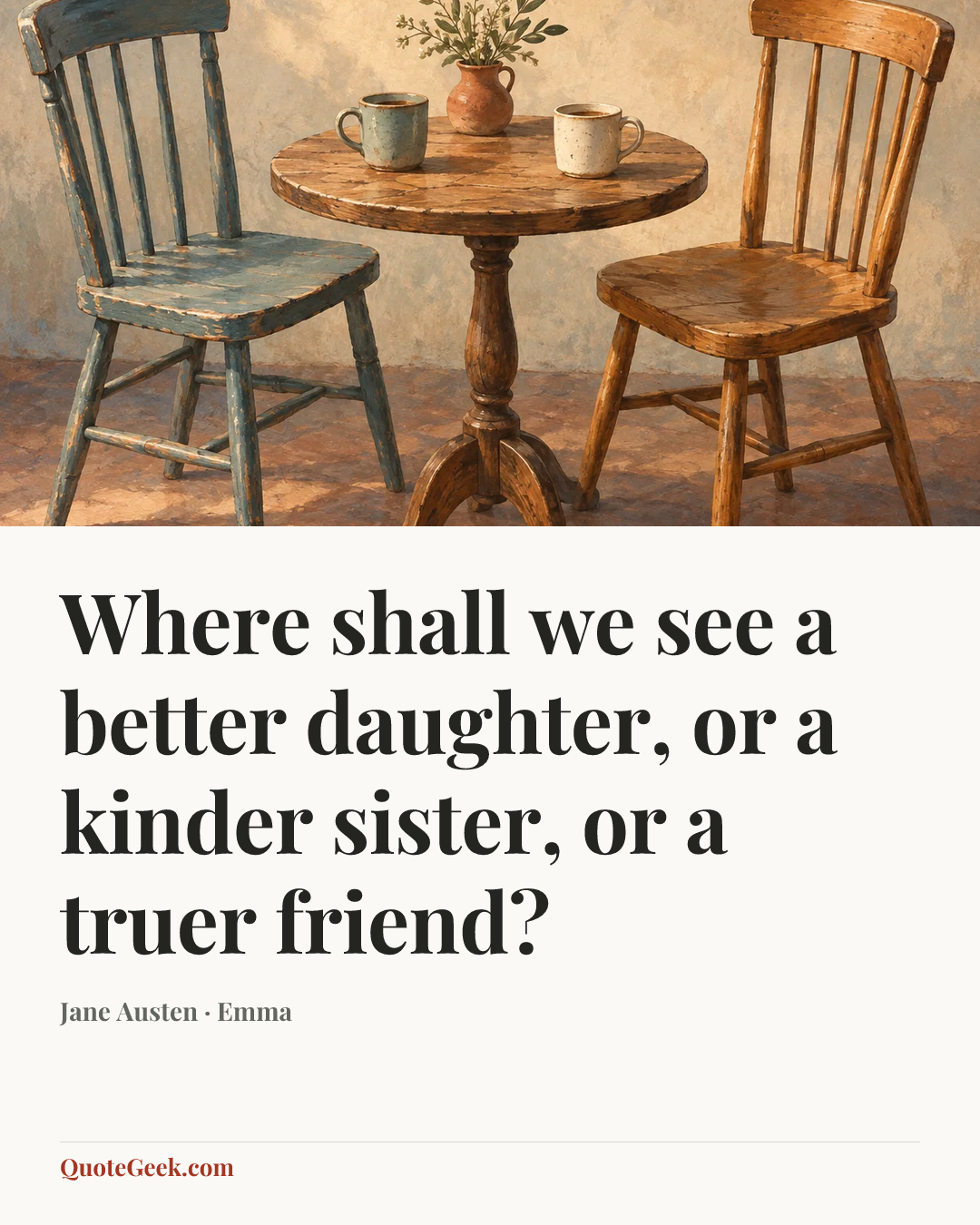 “Where shall we see a better daughter, or a kinder sister, or a truer friend?” — Jane Austen · Emma. Illustrated QuoteGeek card.