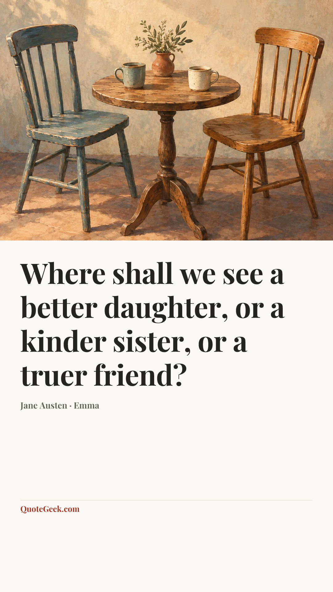 “Where shall we see a better daughter, or a kinder sister, or a truer friend?” — Jane Austen · Emma. Illustrated QuoteGeek card.