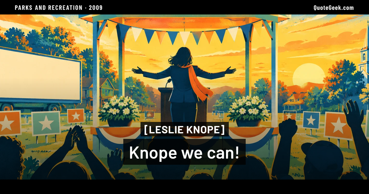 “Knope we can!” — Leslie Knope · Parks and Recreation. Illustrated QuoteGeek card.