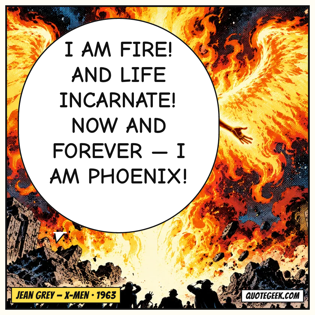 “I am fire! And life incarnate! Now and forever — I am Phoenix!” — Jean Grey · X-Men. Illustrated QuoteGeek card.