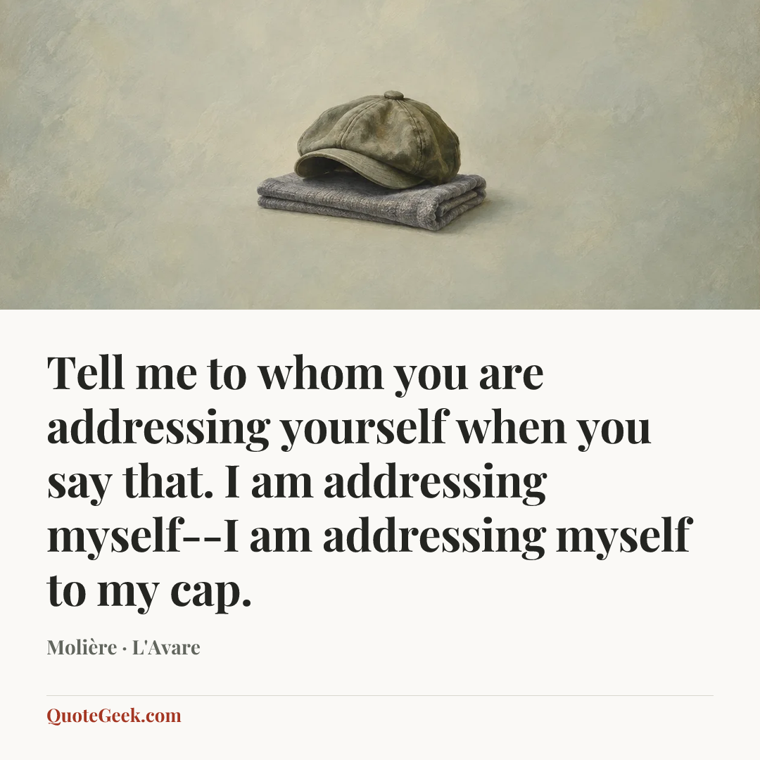 “Tell me to whom you are addressing yourself when you say that.
I am addressing myself--I am addressing myself to my cap.” — Molière · L'Avare. Illustrated QuoteGeek card.