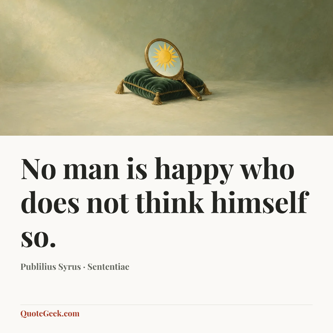 “No man is happy who does not think himself so.” — Publilius Syrus · Sententiae. Illustrated QuoteGeek card.