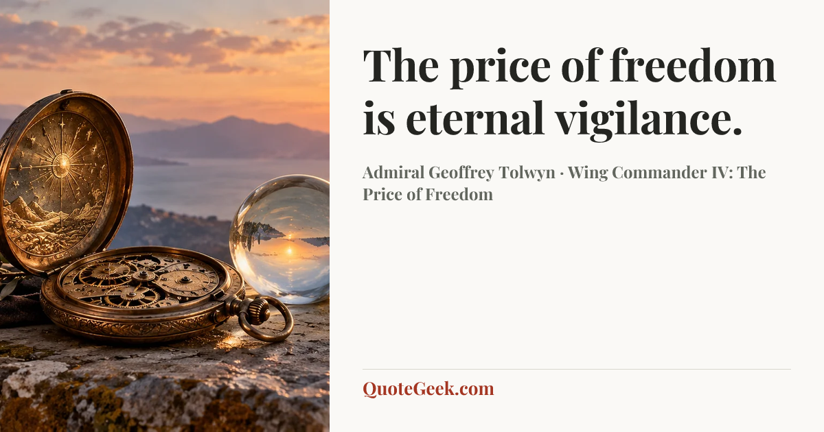 “The price of freedom is eternal vigilance.” — Admiral Geoffrey Tolwyn · Wing Commander IV: The Price of Freedom. Illustrated QuoteGeek card.