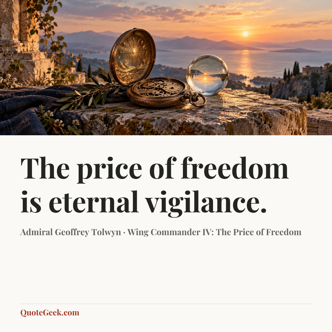 “The price of freedom is eternal vigilance.” — Admiral Geoffrey Tolwyn · Wing Commander IV: The Price of Freedom. Illustrated QuoteGeek card.