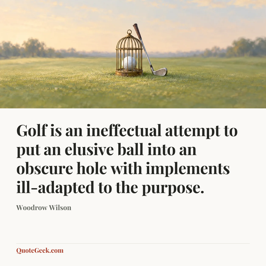 “Golf is an ineffectual attempt to put an elusive ball into an obscure hole with implements ill-adapted to the purpose.” — Woodrow Wilson. Illustrated QuoteGeek card.