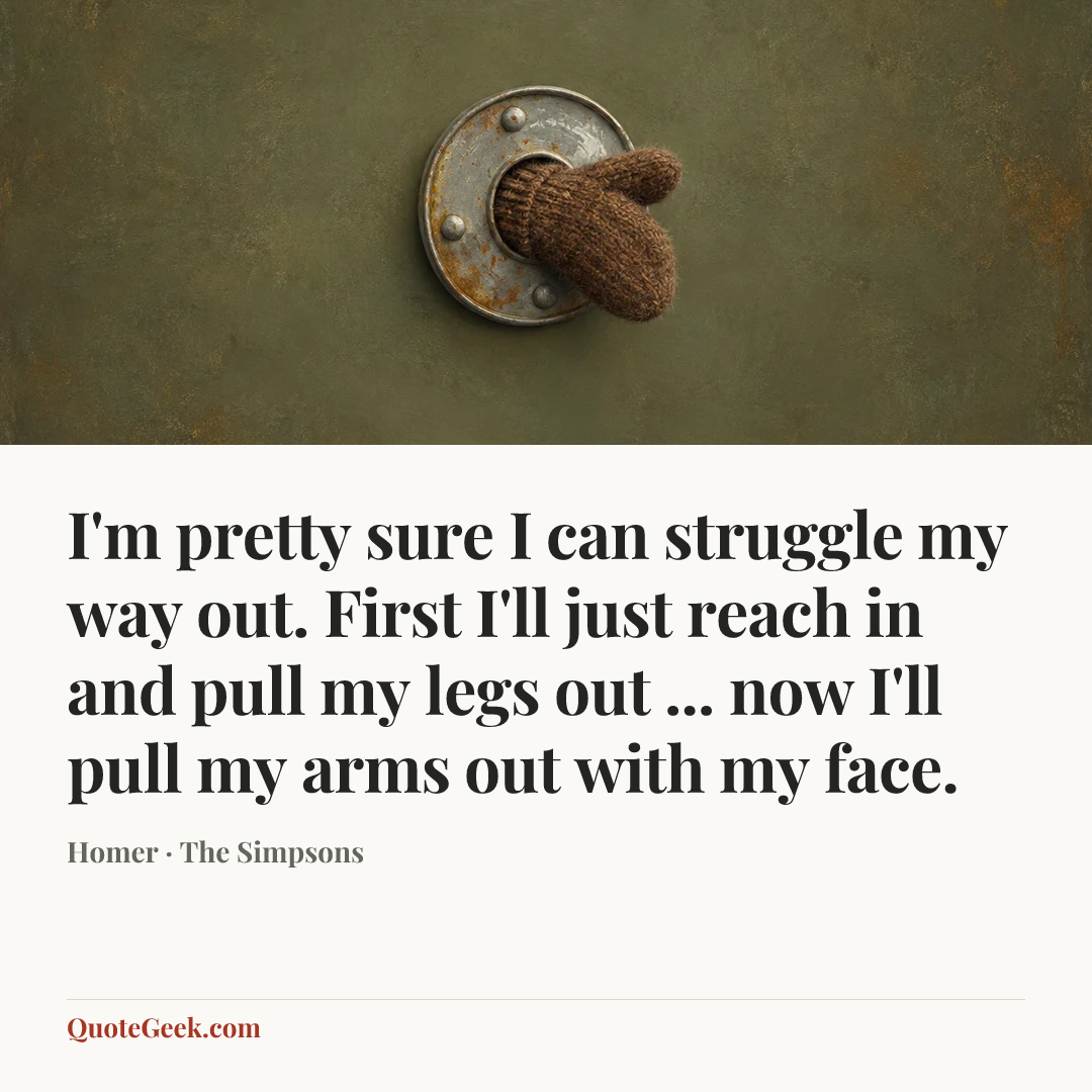 “I'm pretty sure I can struggle my way out. First I'll just reach in and pull my legs out ... now I'll pull my arms out with my face.” — Homer · The Simpsons. Illustrated QuoteGeek card.