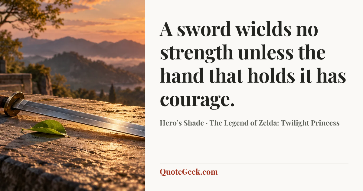 “A sword wields no strength unless the hand that holds it has courage.” — Hero’s Shade · The Legend of Zelda: Twilight Princess. Illustrated QuoteGeek card.