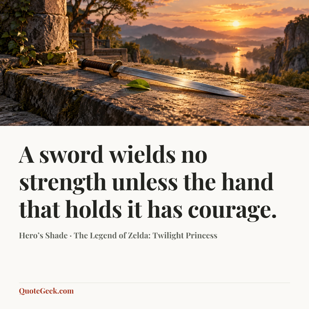 “A sword wields no strength unless the hand that holds it has courage.” — Hero’s Shade · The Legend of Zelda: Twilight Princess. Illustrated QuoteGeek card.