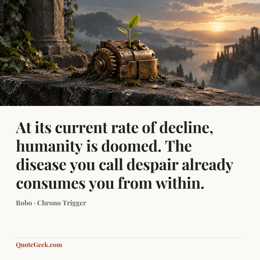 “At its current rate of decline, humanity is doomed. The disease you call despair already consumes you from within.” — Robo · Chrono Trigger. Illustrated QuoteGeek card.